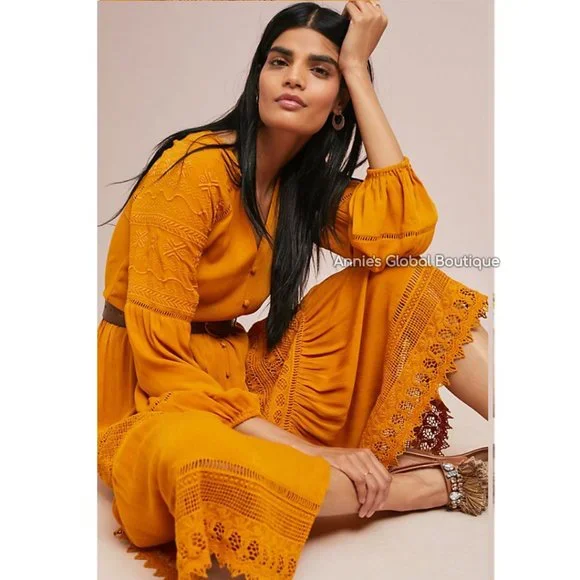RARE NWT ANTHROPOLOGIE Golden Peasant Embroidered Maxi Dress. Size 4 - Picture 3 of 16